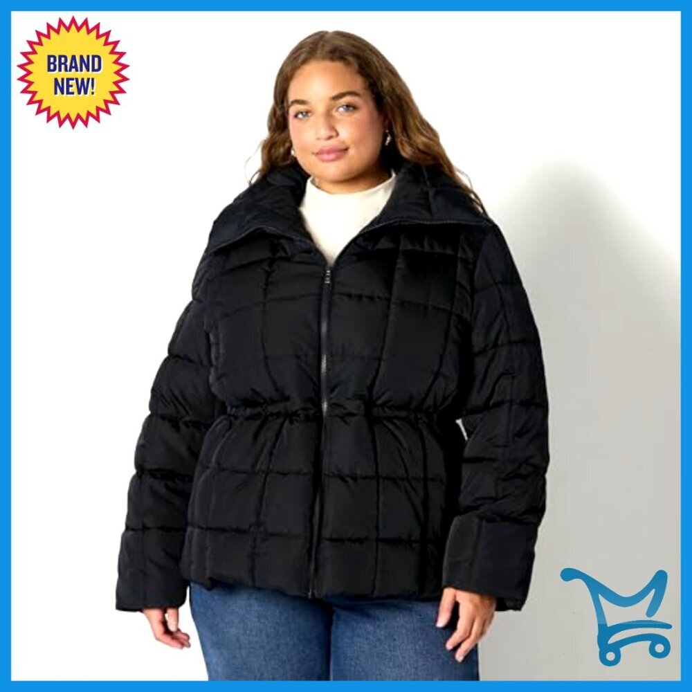 Oversized Square Quilted Puffer Jacket Adjustable Waist Y2K Chic Minimal Warm - Picture 6 of 7